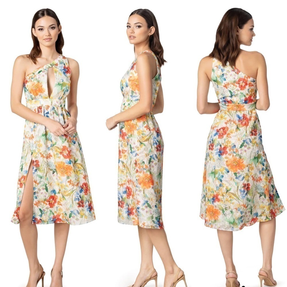 DRESS THE POPULATION * Mena Asymetric Chiffon Cut Out Side Slit Pocket Dress - Picture 1 of 15